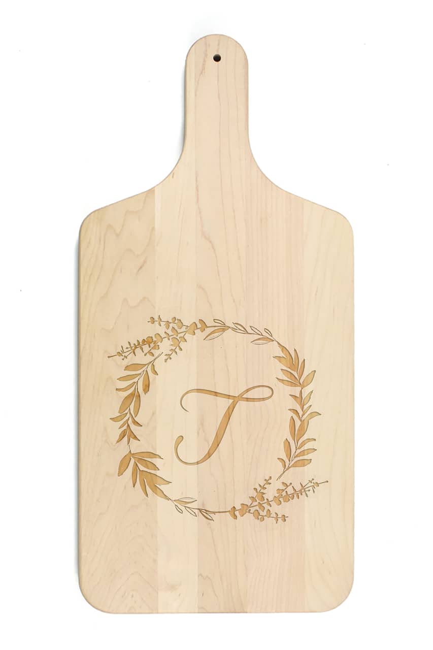 Floral Wreath Monogram Maple Paddle Cutting Board